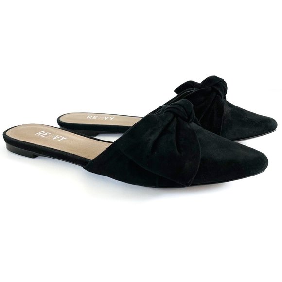 Renvy Amore Black Suede Mules Women's 6.5 Leather Slip On Flats Modern Casual - Picture 2 of 16